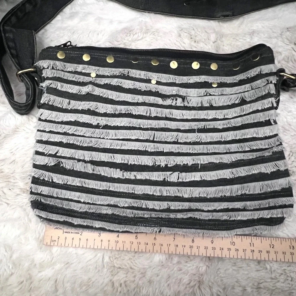 Handcrafted Purse One‎ of a Kind Fringed Denim Crossbody Bag Black White Studded